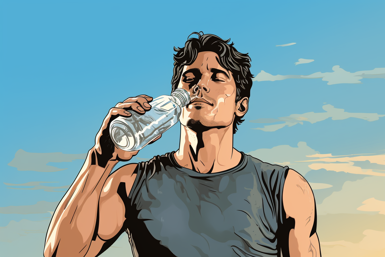 A sweaty man drinking from a water bottle