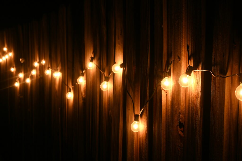 Bulb lights on a fence in a backyard