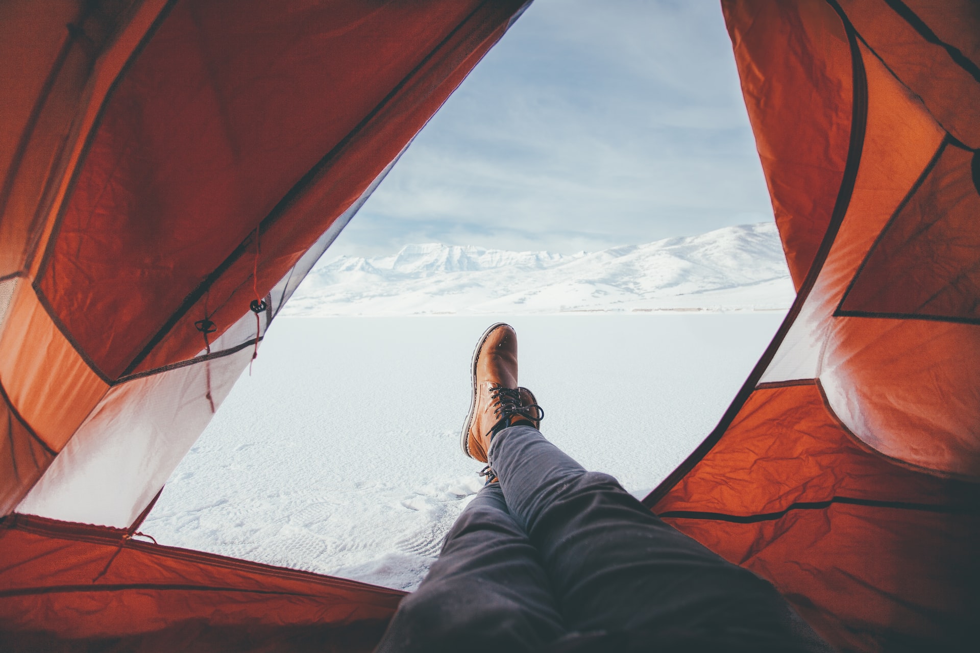 Heated tent in the snow.