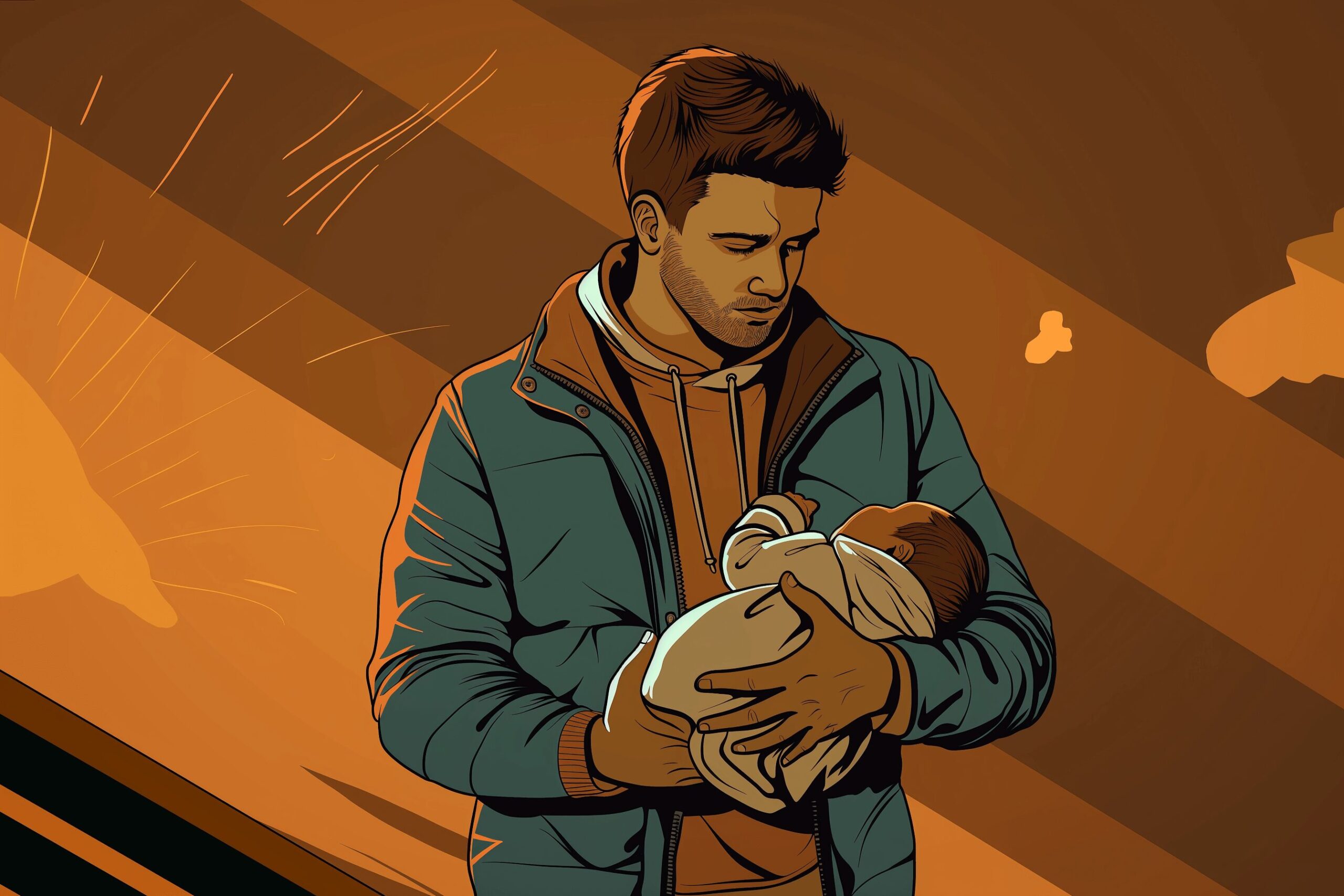 A young father holding a baby