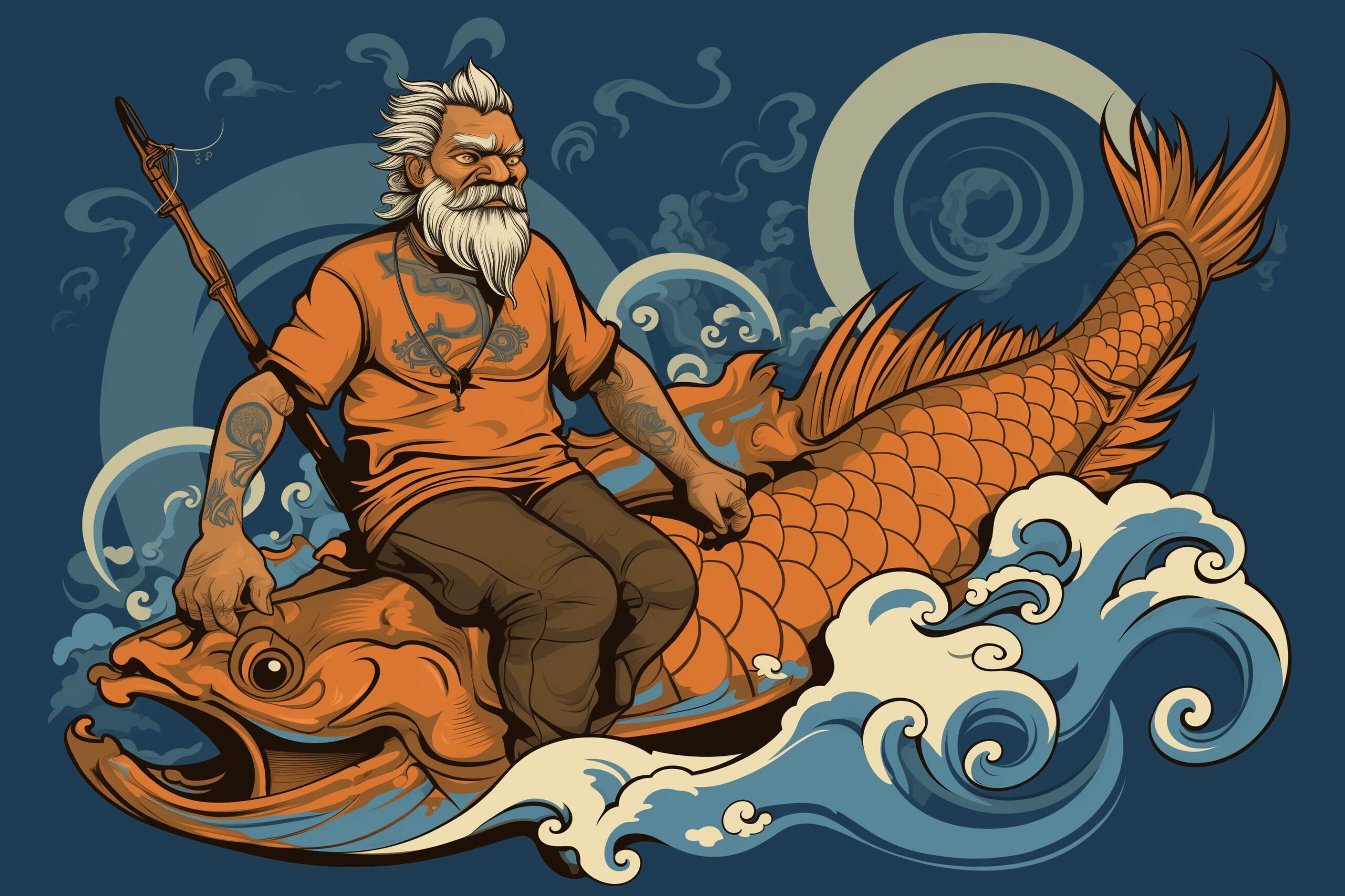 Artistic depiction of a heavily-tattooed fisherman