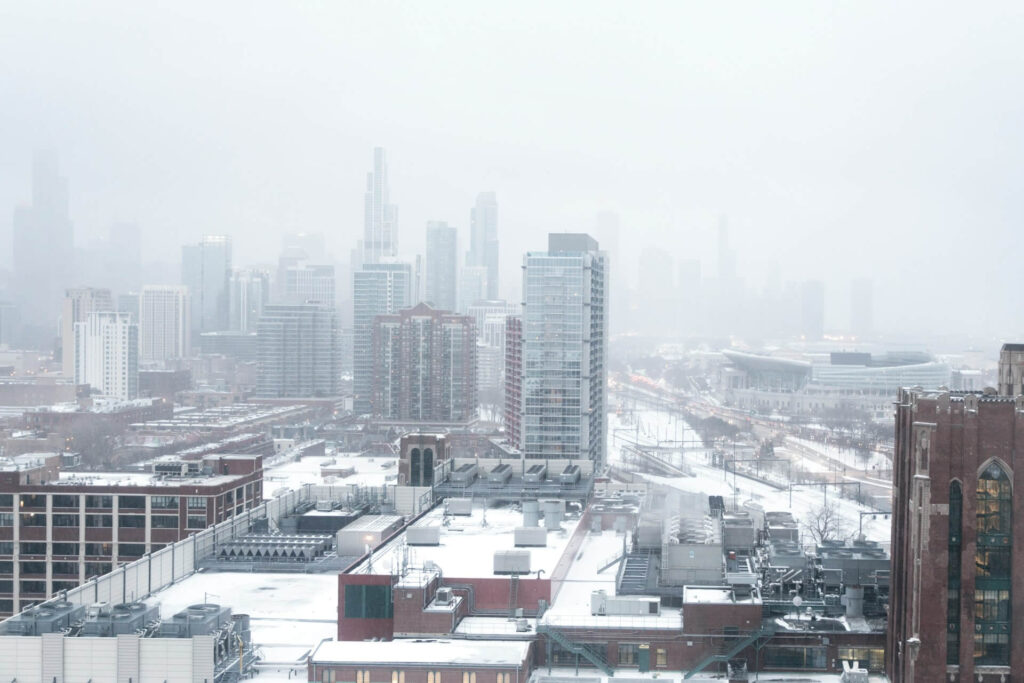 View of the Chicago skyline during the winter