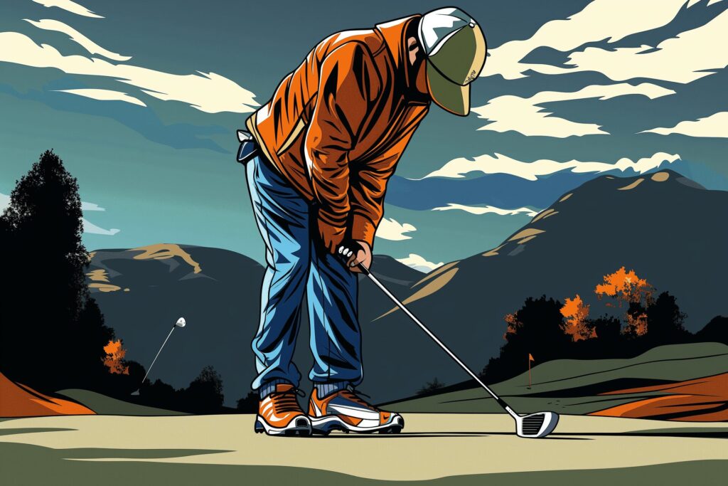 a golfer lining up shot