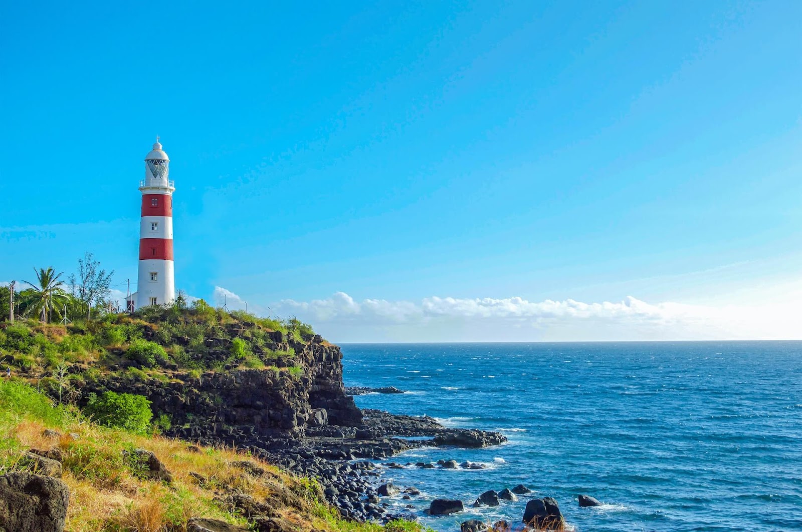 Albion Lighthouse in Mauritius rests under sunny skies.