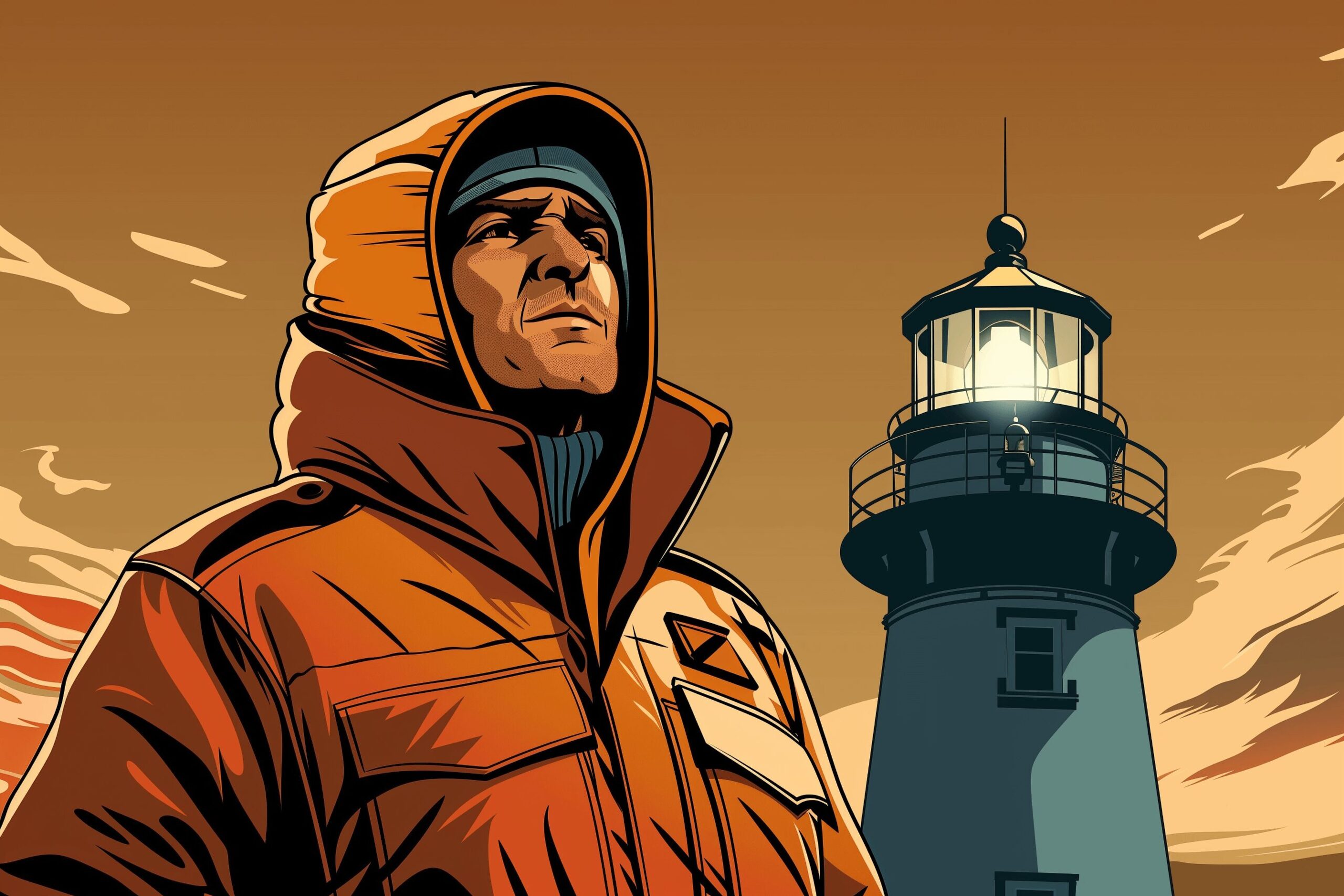 a lighthouse keeper standing next to a lighthouse