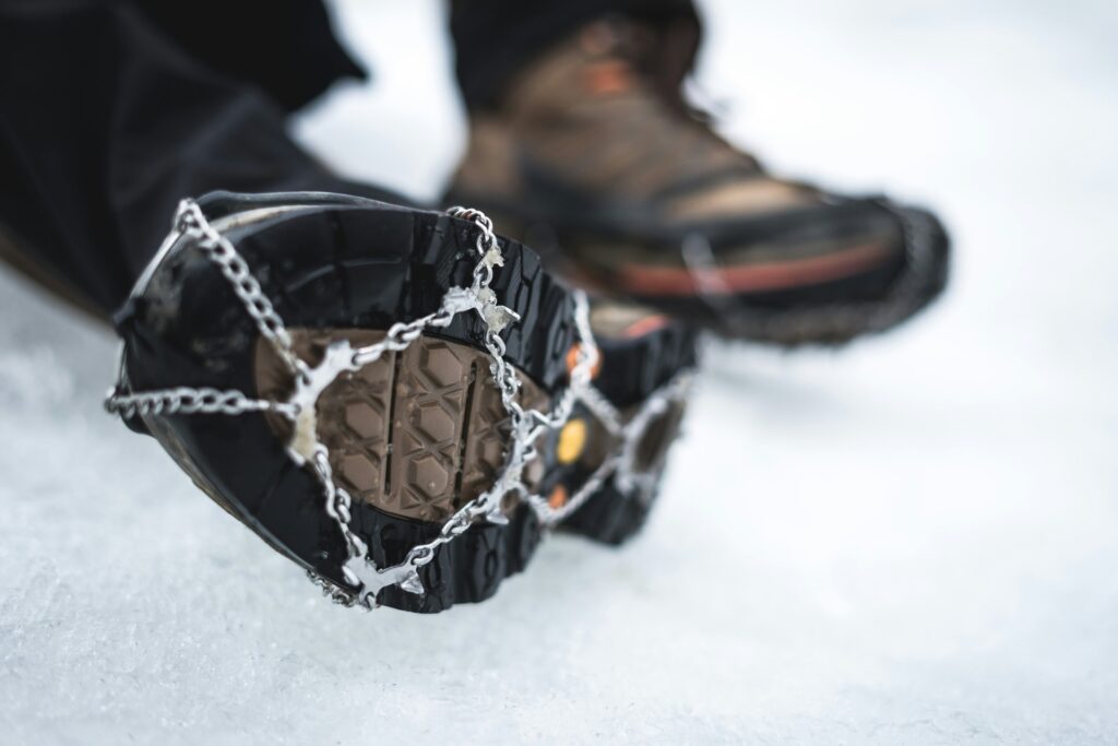 Boot with crampons attached