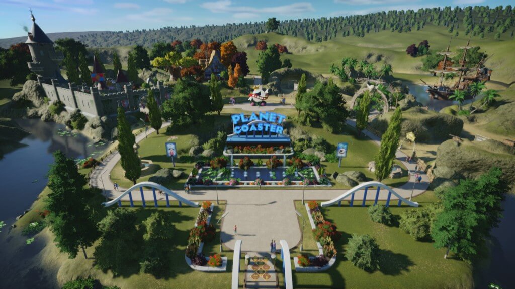 An overview of a Planet Coaster park in early stages of development