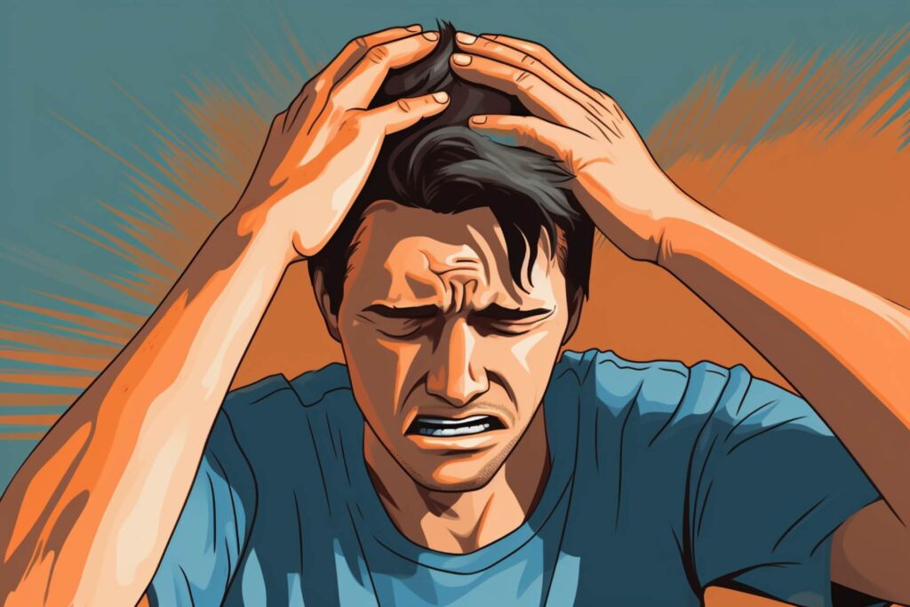 A man putting pressure on his head due to a headache