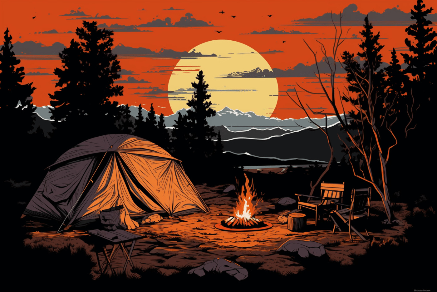 Artistic depiction of primitive camping