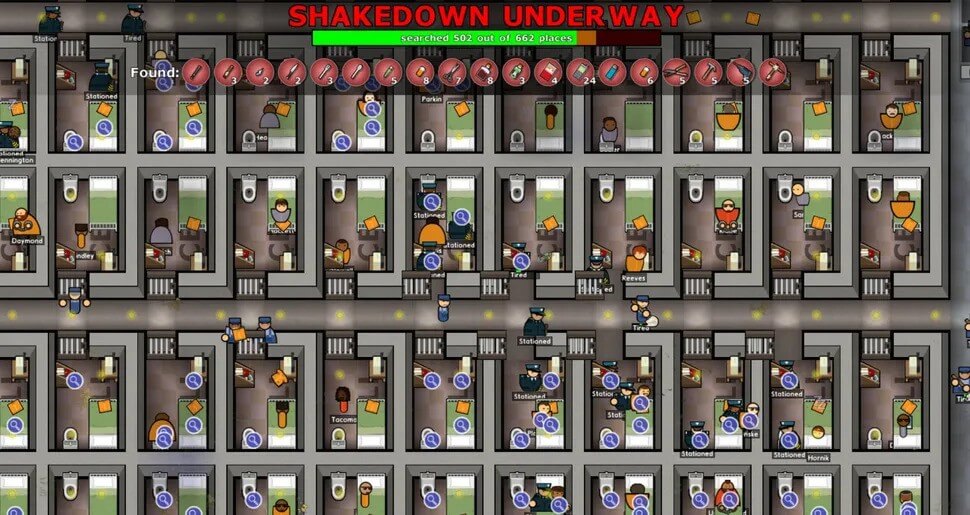 An overview of prison cells experiencing a shakedown in Prison Architect