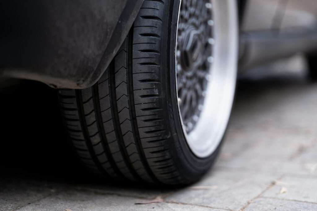 Closeup on a tire with smooth treads