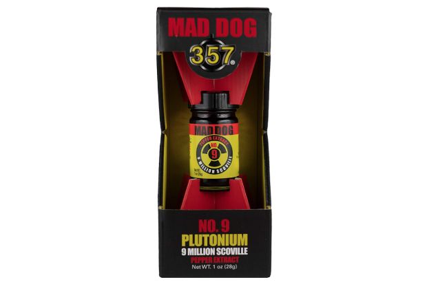 Bottle of Mad Dog hot sauce.