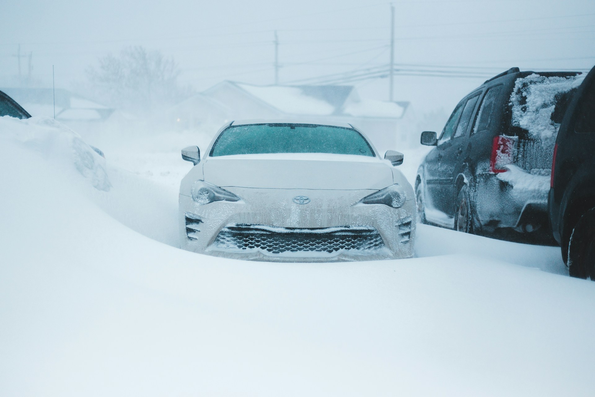 A partially frozen sports car